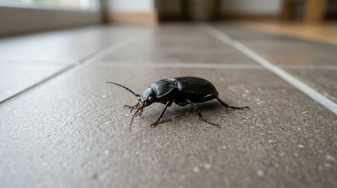 Détail d'un scarabée noir sur un carrelage de maison