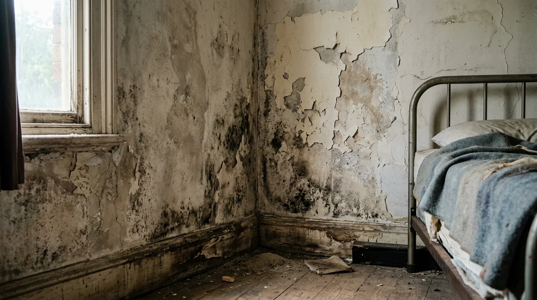 Traces de moisissure et peinture écaillée sur un mur intérieur humide