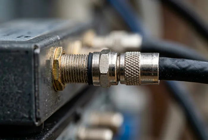 Gros plan sur un connecteur F d'amplificateur TV