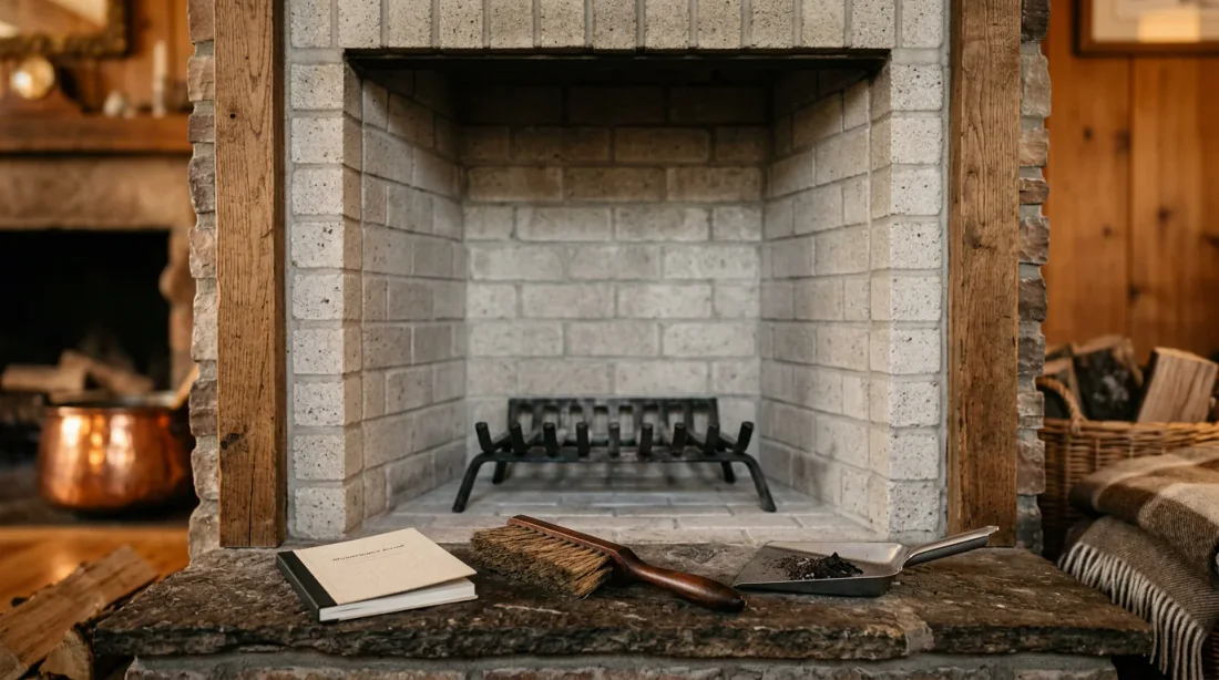 Gros plan d'une main gantée tenant de la suie noire au-dessus d'un foyer de cheminée