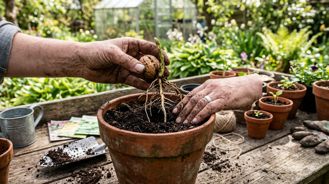 Plantation d'une noix germée dans un pot de terreau.