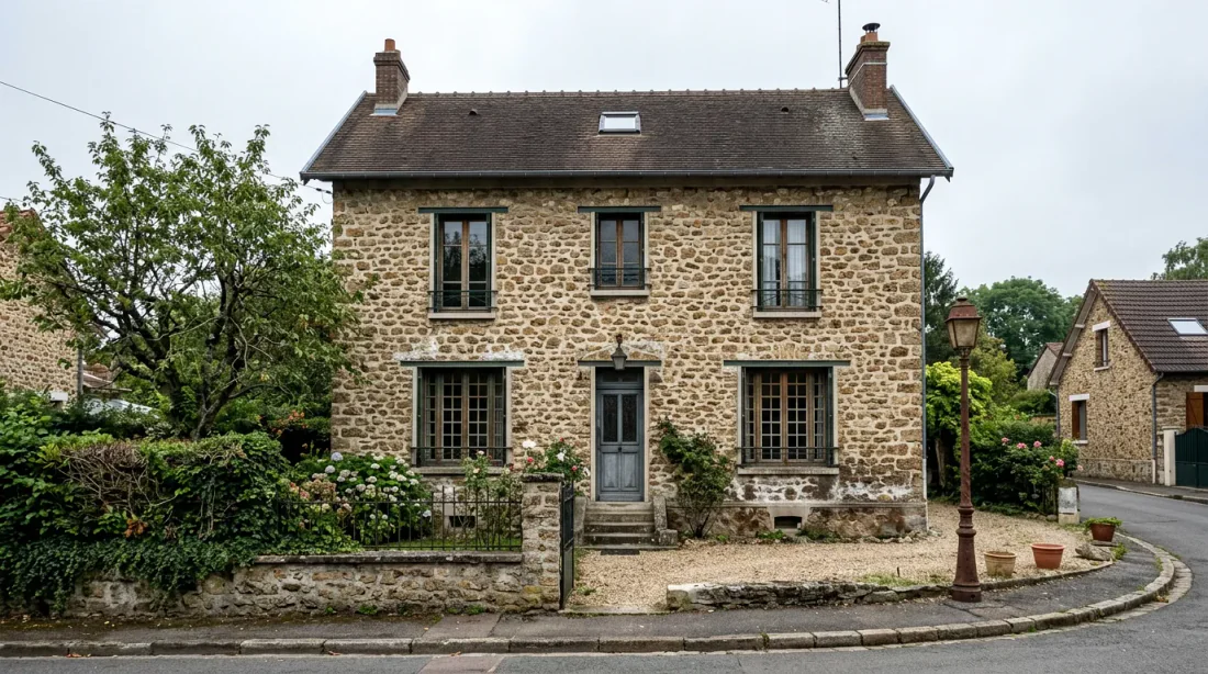Gros plan mur meulière humide avec injecteur de résine en action et badge éditorial Avis & Retours