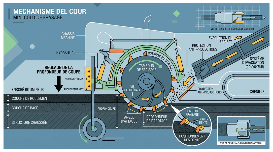 Schéma explicatif du fonctionnement interne et du réglage de profondeur d'une mini-raboteuse
