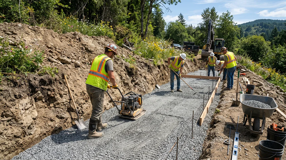 Préparation du sol et fondation en gravier pour mur de soutènement