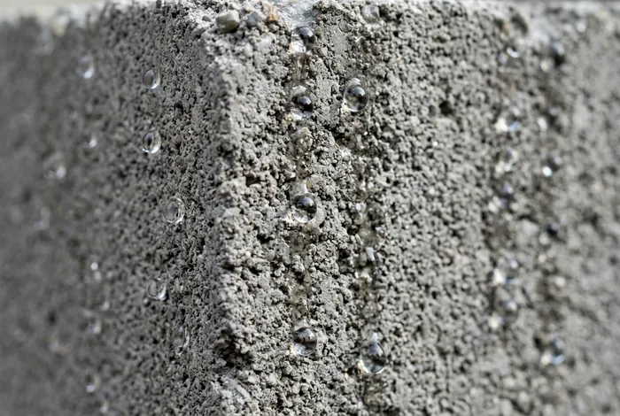 Gros plan sur l'effet déperlant de l'eau sur un parpaing traité