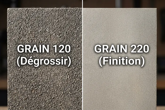 Comparaison entre grain de ponçage 120 pour dégrossir et 220 pour finition