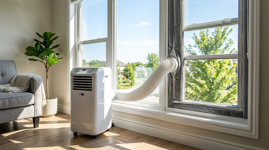 Climatiseur mobile monobloc relié à une fenêtre pour l'évacuation de l'air chaud