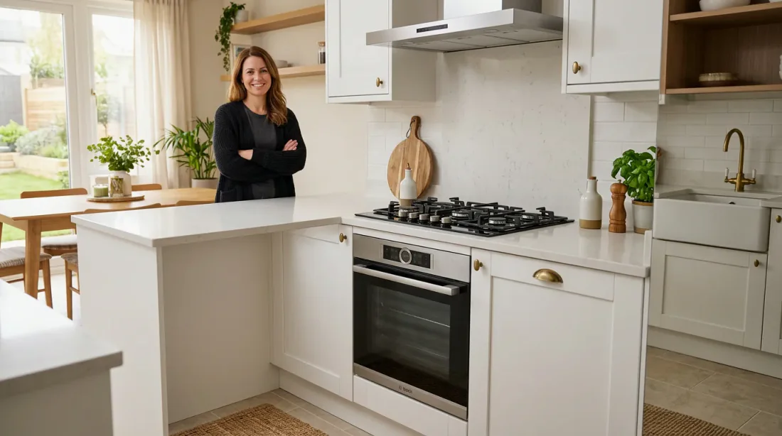 Mains installant un four encastrable dans un meuble de cuisine avec plaque gaz visible