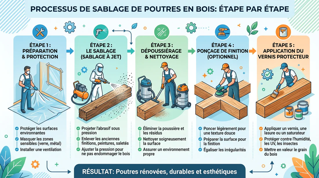 Schéma explicatif des étapes du sablage et décapage de poutres en bois