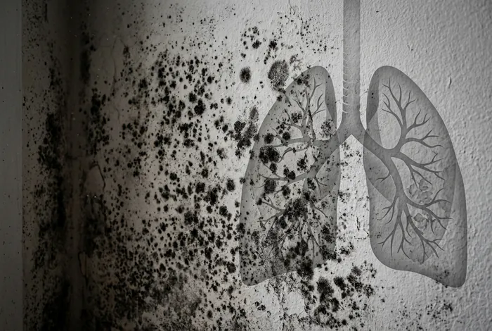 Moisissures noires sur un mur avec symbole de poumons illustrant l'impact de l'humidité sur la santé