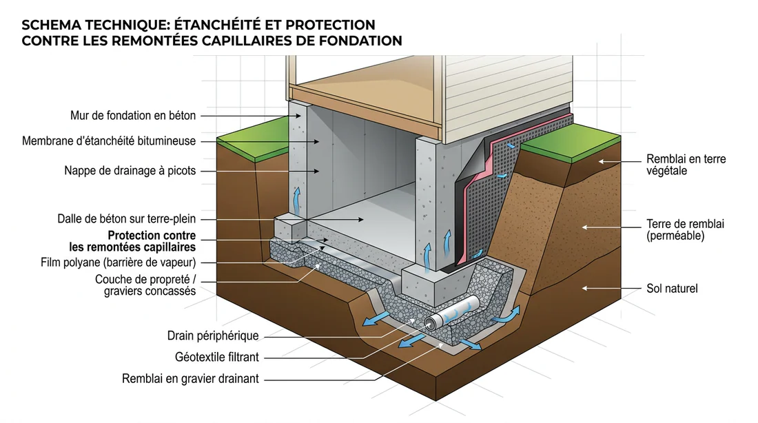 Schéma d'étanchéité des fondations et système de drainage contre les remontées capillaires