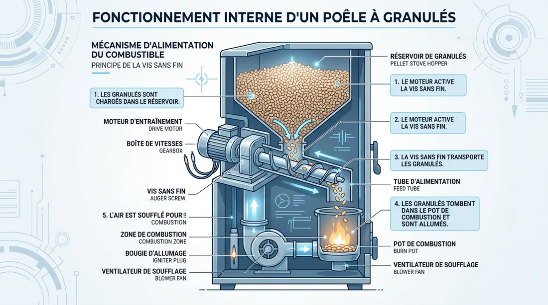 Schéma technique du fonctionnement d'une vis sans fin de poêle