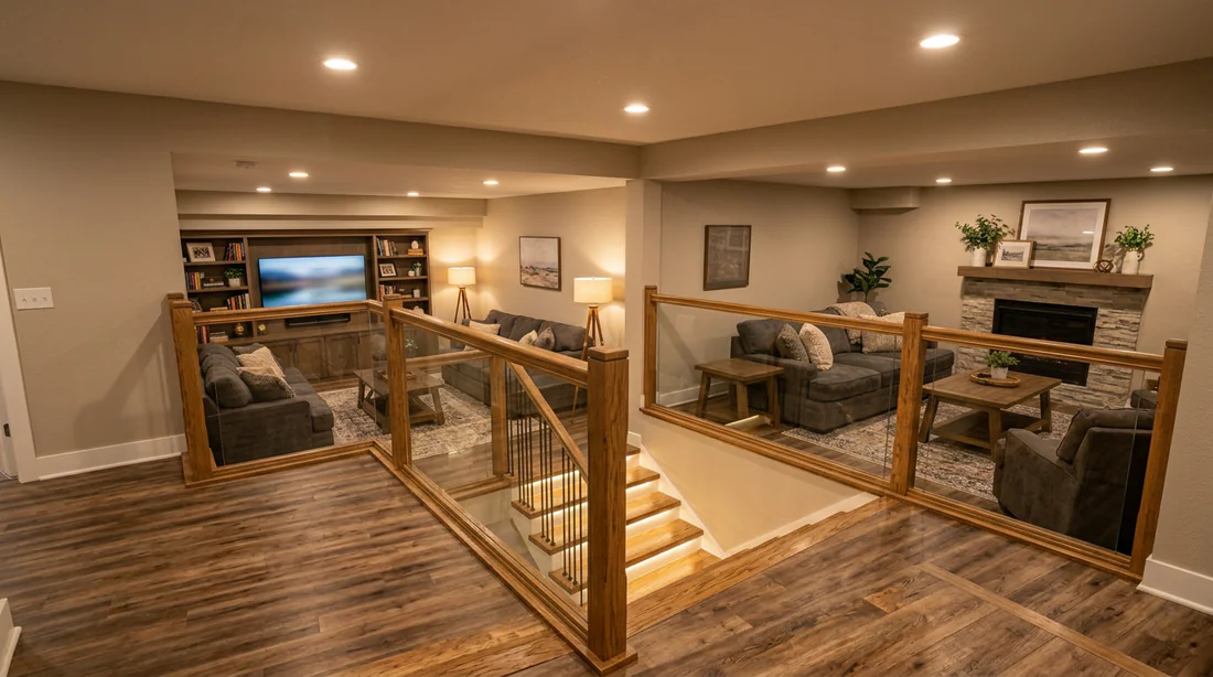 Escalier de sous-sol fini, habillé de bois et parfaitement isolé avec éclairage LED