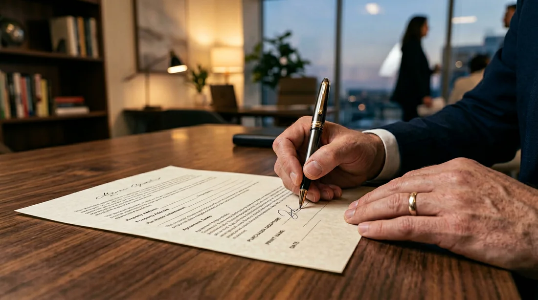 Gros plan sur la signature officielle d'un contrat immobilier en agence