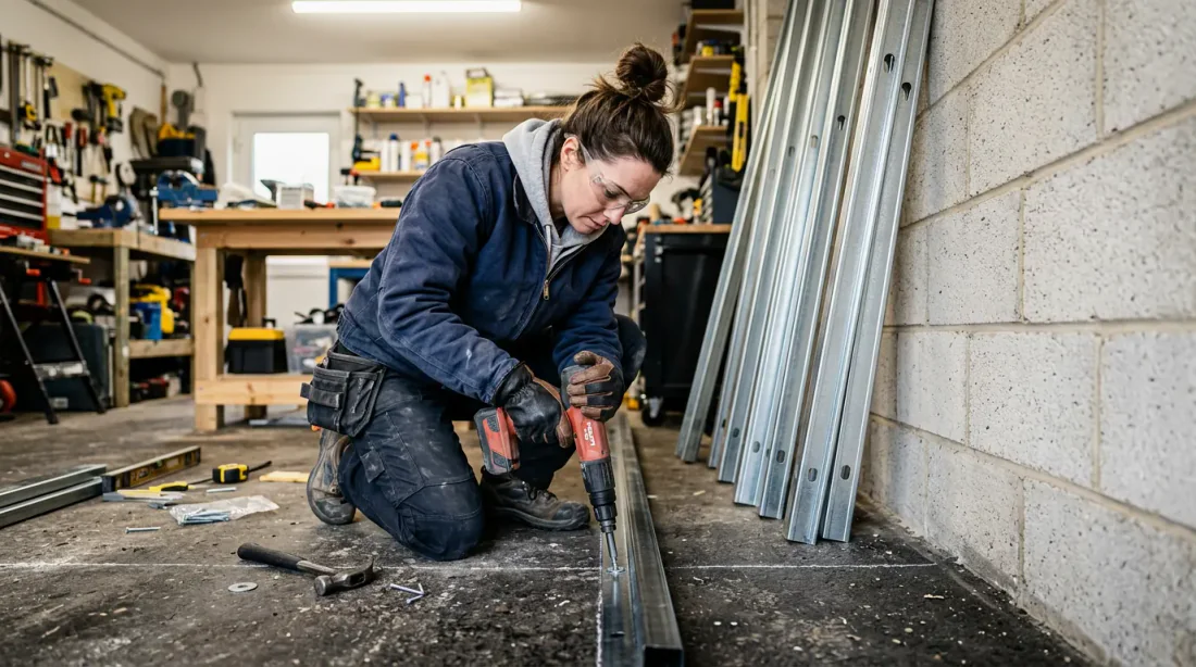 Gros plan sur une main gantée vissant une vis autoperceuse dans un panneau OSB sur montant métallique