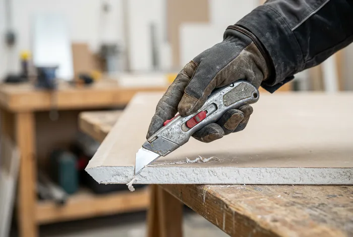 Gros plan sur la découpe d'un chanfrein sur une plaque de plâtre