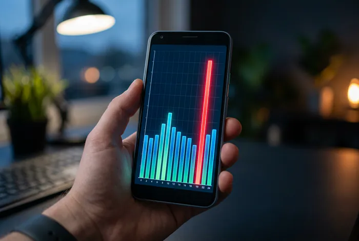 Smartphone affichant un graphique de consommation électrique en pic