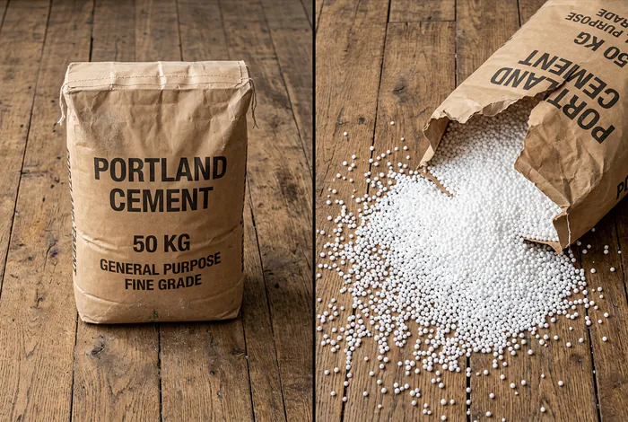 Comparaison visuelle entre sac de ciment classique et billes de polystyrène pour chape.